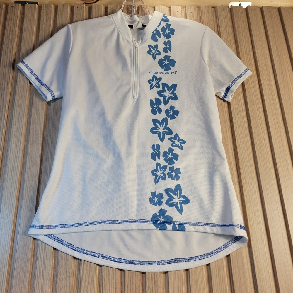 Canari Womens White Blue Hibiscus Floral Cycling Jersey Quarter Zip Size S USA